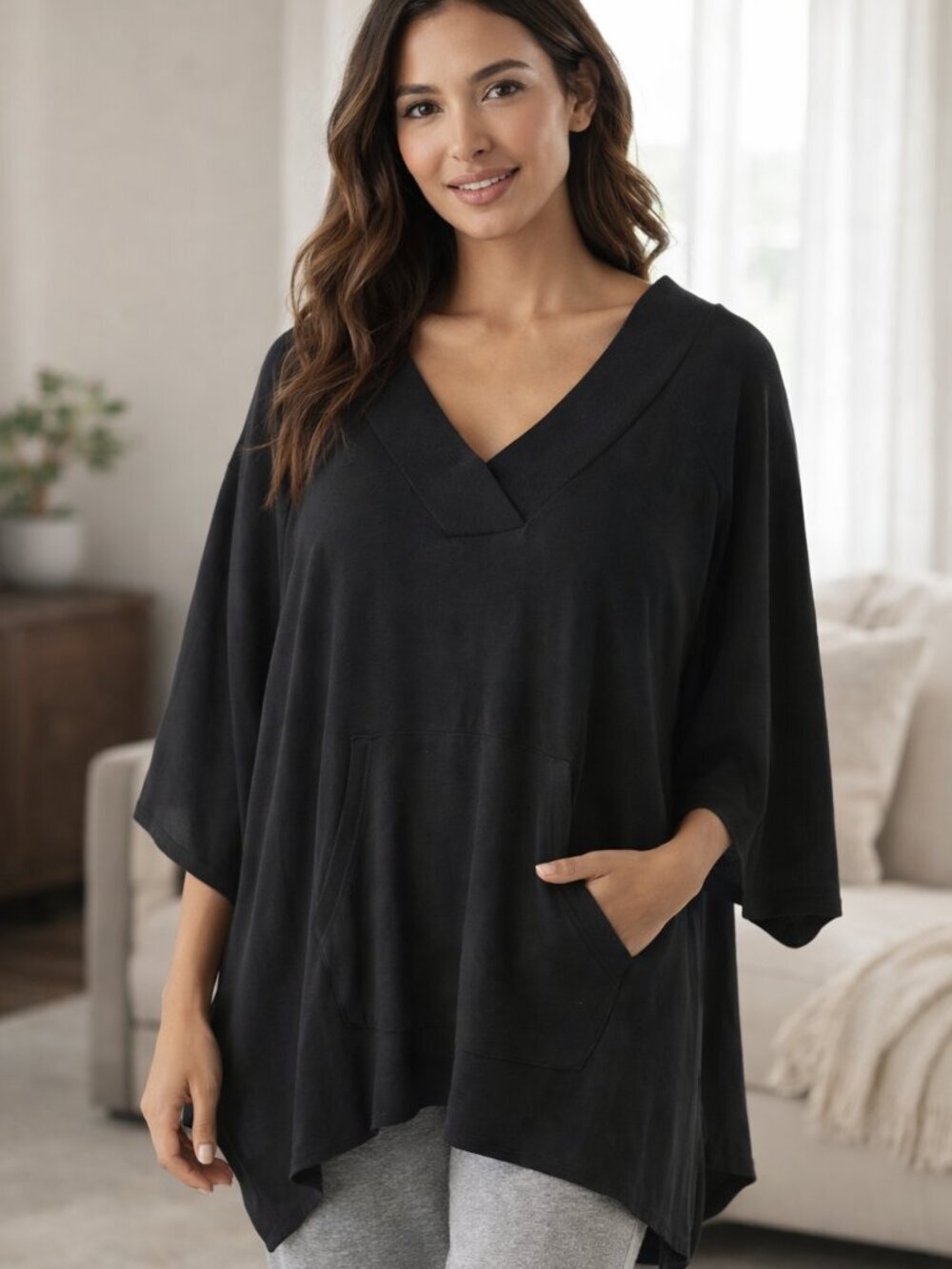 Soma Black Rayon V Neck Lounge Sweatshirt Kangaroo Pocket Scallop Hem S/M